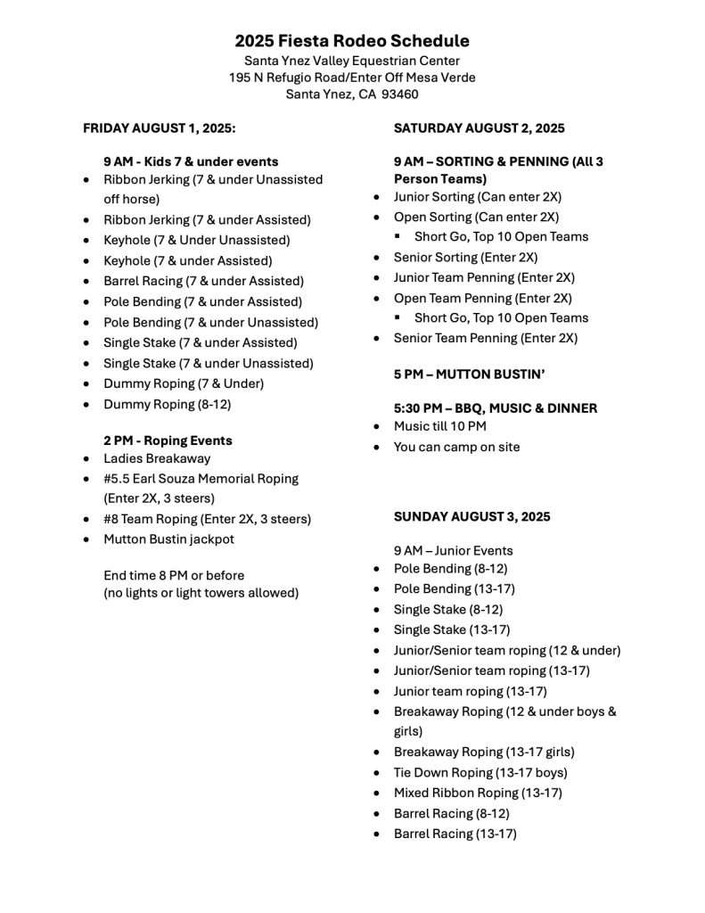 Schedule of Events | Fiesta Stock Horse Show & Rodeo