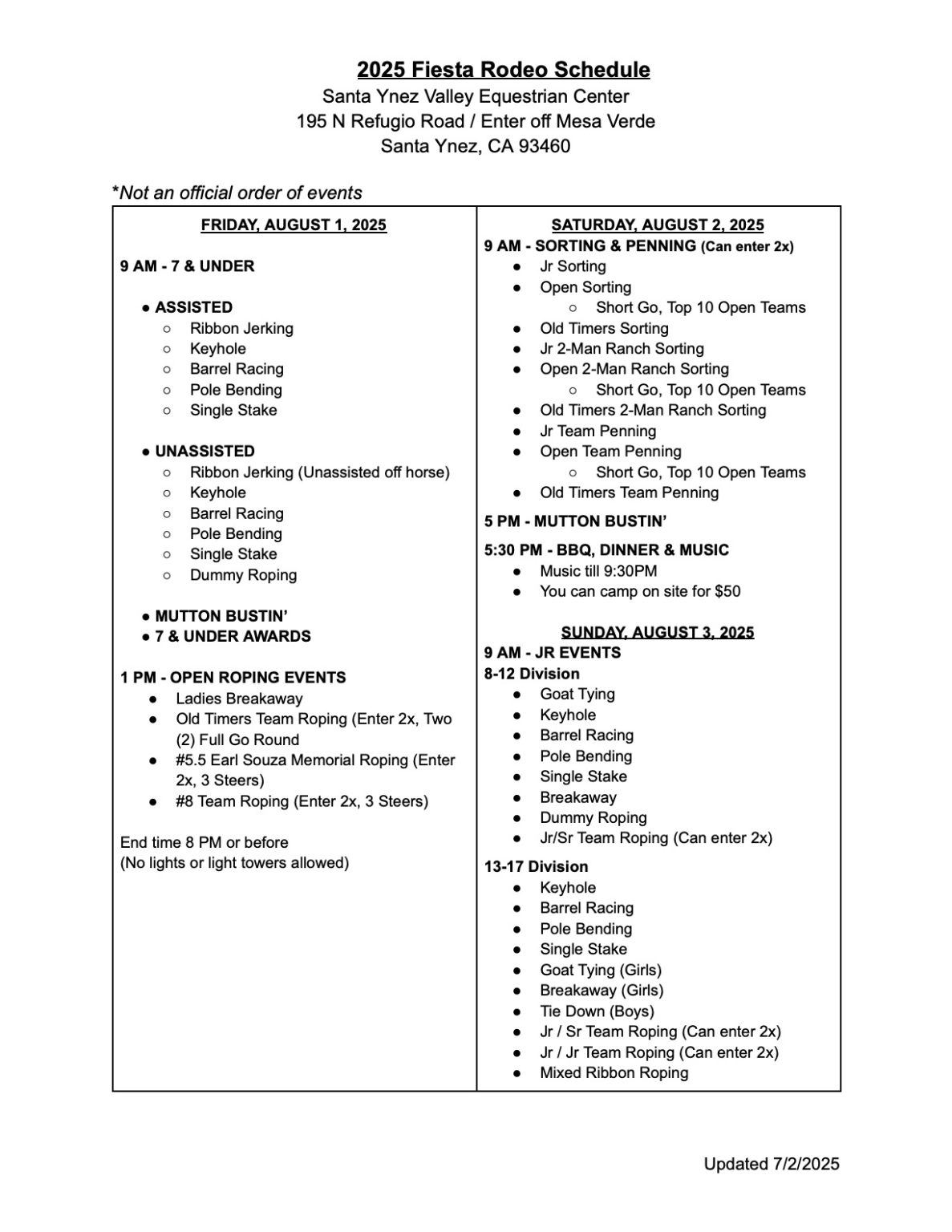 Schedule of Events | Fiesta Stock Horse Show & Rodeo